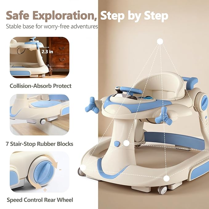 Kinder King 8-in-1 Baby Walker with Music & Lights, 3 Level Adjustable Height, Foldable Toddler Walker with Speed Adjustable Wheels, Easy to Clean, Baby Walkers for Boys & Girls 6-18 Months