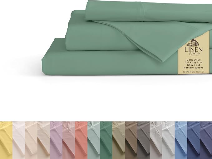 Linen Home 100% Cotton Percale Sheets California King Size, Frosty Green, Deep Pocket, 4 Pieces Set- 1 Flat, 1 Fitted and 2 Pillowcases, Crisp Cool and Long Staple Strong Bed Linen