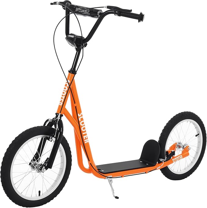 Aosom Youth Scooter Kick Scooter for Kids 5+, Max Load 220 LBS., with Adjustable Handlebar, 16" Inflatable Wheels, Dual Brakes
