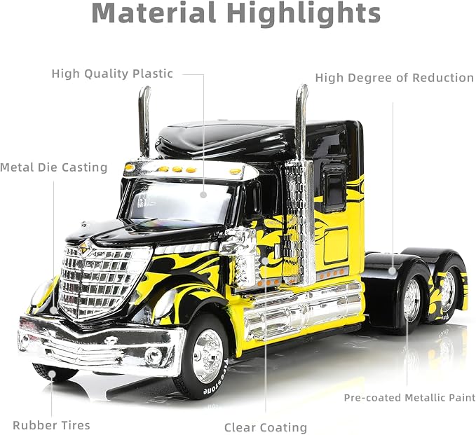 1/64 Scale International Lonestar Heavy Truck Model Semi Trailer Head Toy Alloy Metal Diecast Tow Traktor Toy Gift Classic Auto Model Collection for Kid Boy Men Adult (Yellow)