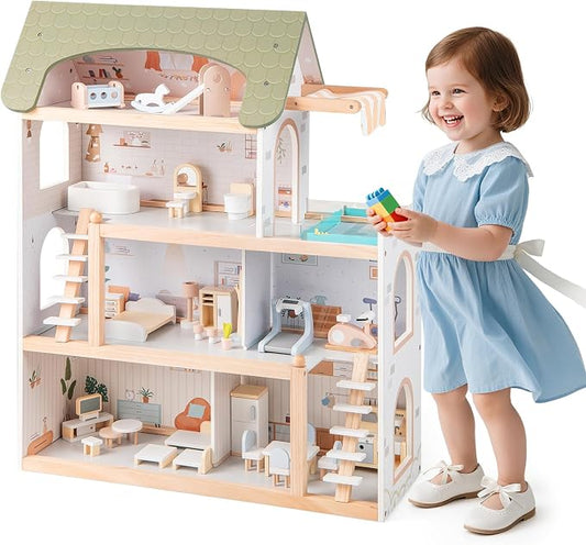HONEY JOY Doll House, 4-Story Wooden Dollhouse Playset w/ 6 Rooms, 33 Accessories & Miniature Furniture, Pretend Play Toys Kit, 2.56 Feet Toddler Big Doll House, Gift for Kids Aged 3+