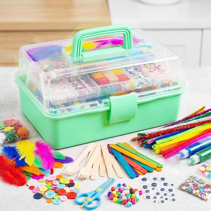 Bobbie Art Arts & Crafts Box - 3000+ pcs Deluxe Craft Supplies Box Green - Art Crafting Kit Birthday Gifts for Kids, School Supply for Ages 4-12