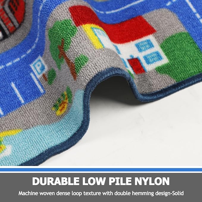 Capslpad Blue Car Road Kid Rug Carpet Playmat for Playoom Traffic Road Kids Play Mat for Toddler Non Slip Washable City Map Race Track Carpet Rug for Kids Room Bedroom Nursery Room Decor,5'x2.7'