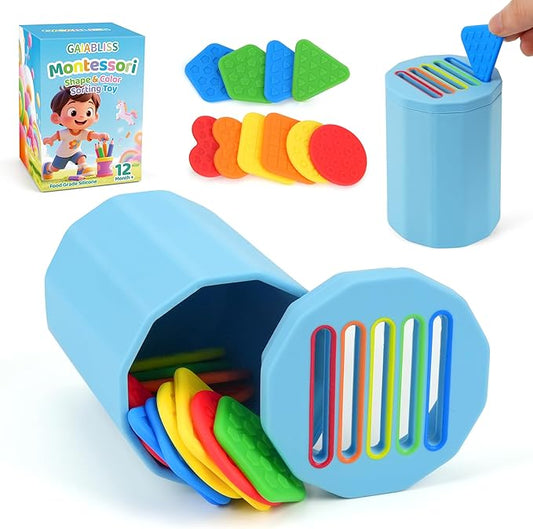 Shape & Color Sorting Montessori Baby Toddler Toys for 1 2 3 Years Boys Girls, Silicone Montessori Toys for 1 Year Old, Fine Motor Skills Sensory Toddlers Toy 1 Year Old Girl and Boy Gift, Piece