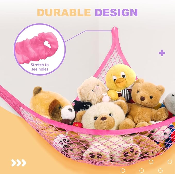 Lazebox Stuffed Animal Net Hammock for Plushie Toys, Stuffed Animal Hammock Corner for Kids' Room Decor, Ideas for Organizing Stuffy Collection, Pink, L (67" x 40" x 40")-Pack of 2