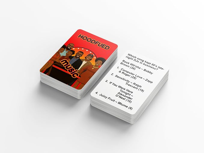 HoodFued Music Edition – Black Culture Hip Hop and RNB Soul Trivia Deck for Game Night, 76 Survey Questions, 2-Team Feud-Style Play, Portable Party Fun for Cookouts & Dorms