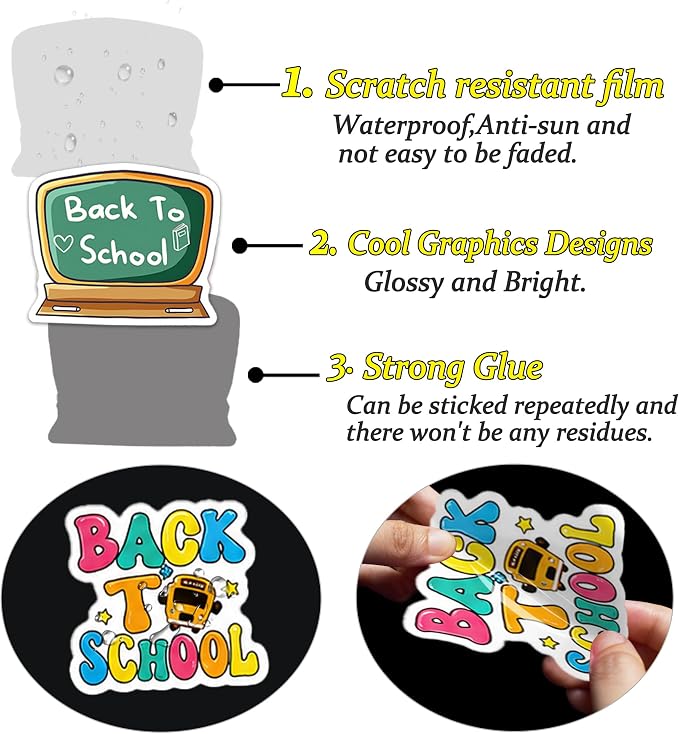 QTL Black to School Stickers for Students, Black to School Party Supplies, Waterproof Vinyl Stickers for Water Bottle Laptop, 60 Pcs