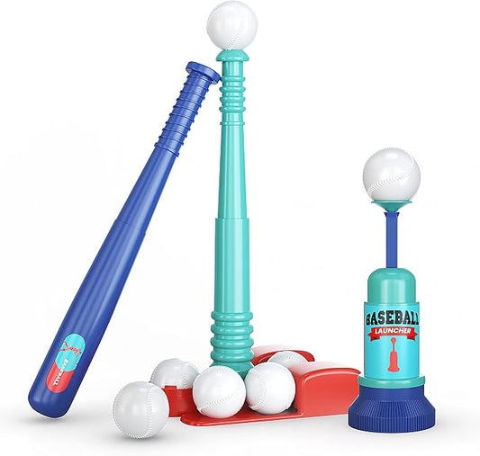 T Ball Stand for Kids and Toddlers 1-3, 3-5, 5-8. Baseball Set Includes 6 Large Balls, an Adjustable Tball Batting Tee, and a Pitching Machine. Kids Bat and Ball, T-Ball Sets for Kids