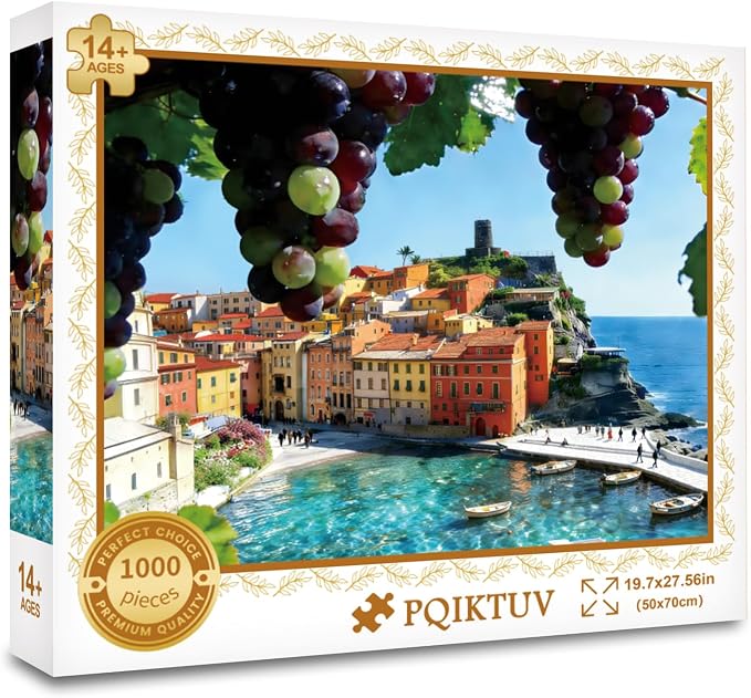 1000 Piece Jigsaw Puzzle for Adults, Summer Sea of Glass Puzzles | Italian Riviera Coastal Village with Grapes, Mediterranean Landscape Wall Decor & Travel Lover Gift, 27.56 x 19.7 Inches