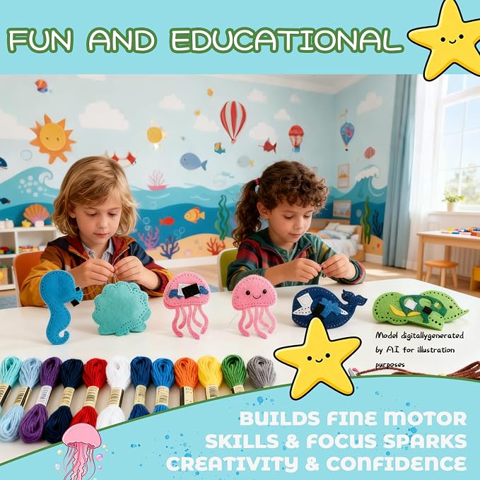 GOASION Sewing Kit for Kids, Ocean Kids Sewing Kit, Pre Punched Design for DIY Hanging Decorations, Sewing Tit for Beginners Age 8-12, Boys & Girls Birthday Gift