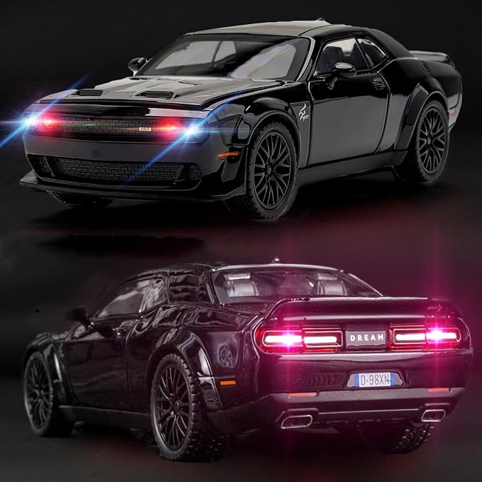 Toy Cars 1/32 Dodge Challenger Die Cast Metal Toy Cars Hellcat Toy Car with Sound and Light Pull Back Hellcat Car for 3+ Year Old Boys and Kids