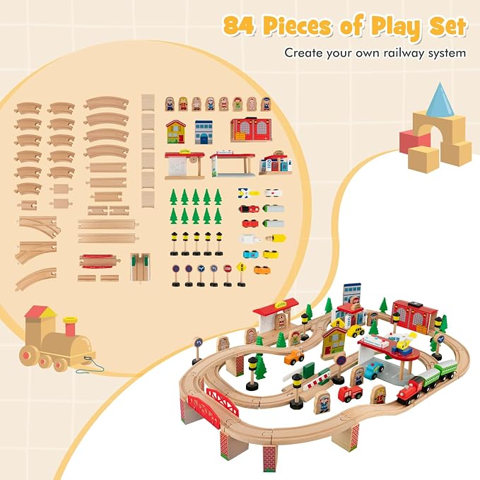 HONEY JOY Train Table, Wooden Kids Activity Table with Storage, 84 Multicolor Pieces, Tracks, Trains, Cars, Toddler Toy Train Table Set w/Reversible Tabletop, for Boy Girl Ages 18 Months+, Natural