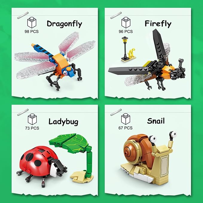 KAZI Bugs Building Toy Set,Insect Collection Building Blocks Including 8 Different Bug,STEM Toys for Kids Age 8 and Up,Play and Display Gift Idea for Boys & Girls,Easter Basket Stuffers