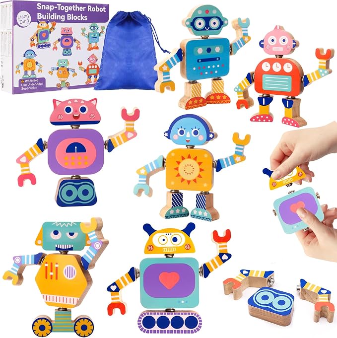 Wooden Snap-Together Robot Building Block Set, Montessori STEM Take-Apart Toy, 33-Piece Fine Motor Skills Learning Toy with Poseable Limbs for Different Robot Poses,for Kids Ages 3-6 with Storage Bag