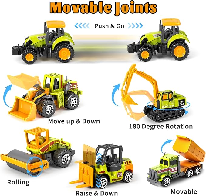 6 Pack Construction Toy, Mini Diecast Farm Tractor Toy Construction Trucks for Kids Boys Age 3-5 6 7, Excavator, Forklift, Dump Truck- Model Car Toys for Toddlers Birthday Gift Goodie Bag Stuffers