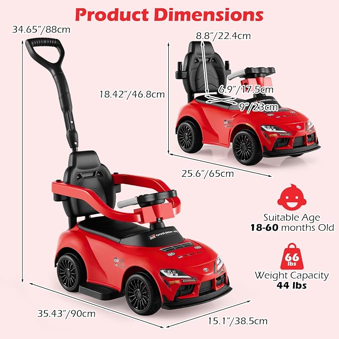 Licensed Toyota Ride on Push Car for Toddlers by INFANS, 3 in 1 Walking Sliding Toy with Removable Guardrails and Handle, Music, Under Seat Storage for Kid (Red)