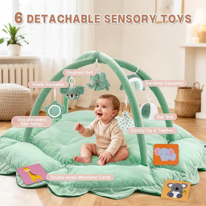 5-in-1 Baby Activity Gym & Play Mat with 6 Hanging Toys, Tummy Time Mat & Cards - Extra Large, Reversible Machine Washable Pad - Gift for Newborns, Infants 0-12 Months, Sage Green