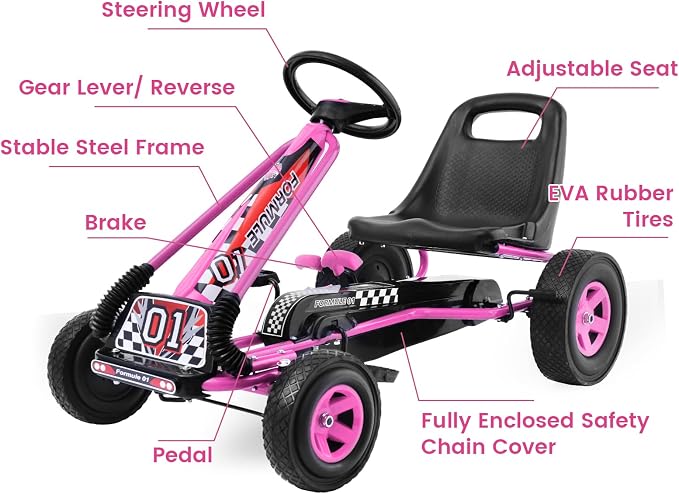 Costzon Go Kart for Kids, 4 Wheel Off-Road Pedal Go Cart w/Adjustable Seat, Steering Wheel, 2 Safety Brakes, EVA Rubber Tires, Ride-On Toys, Outdoor Racer Pedal Car(Pink, 40" L x 24''W x 24.5''H)