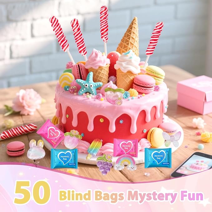 50PCS Rainbow Mystery Blind Bag Mini Toy Set, Colorful Mini Resin Charms Bulk, Cute Surprise Toys, DIY Slime Accessories, Mini Figures for Crafts, Dollhouse Decoration, Party Favor Gift for Kids