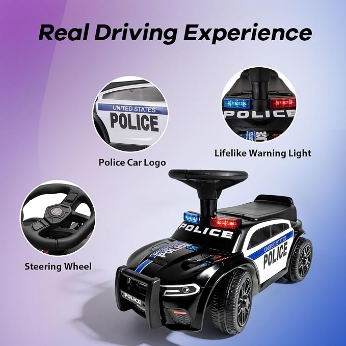 OLAKIDS Ride On Push Police Car, Toddler Foot-to-Floor Sliding Toy with Siren, Steering Wheel, Megaphone, Horn, Headlights, Under Seat Storage, Kids Racer Walking Gift for Boys Girls 1-3 (Classic)