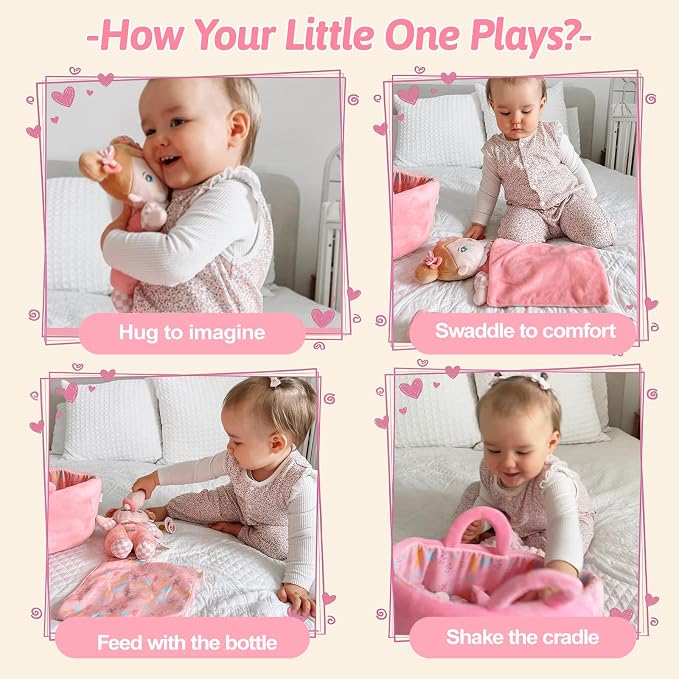 OUOZZZ Baby Doll Accessories with Soft Doll, Bassinet, Blanket and Bottle, Interactive Pretend Playset for Social Emotional Learning, Toy for 2 Year Old Girls