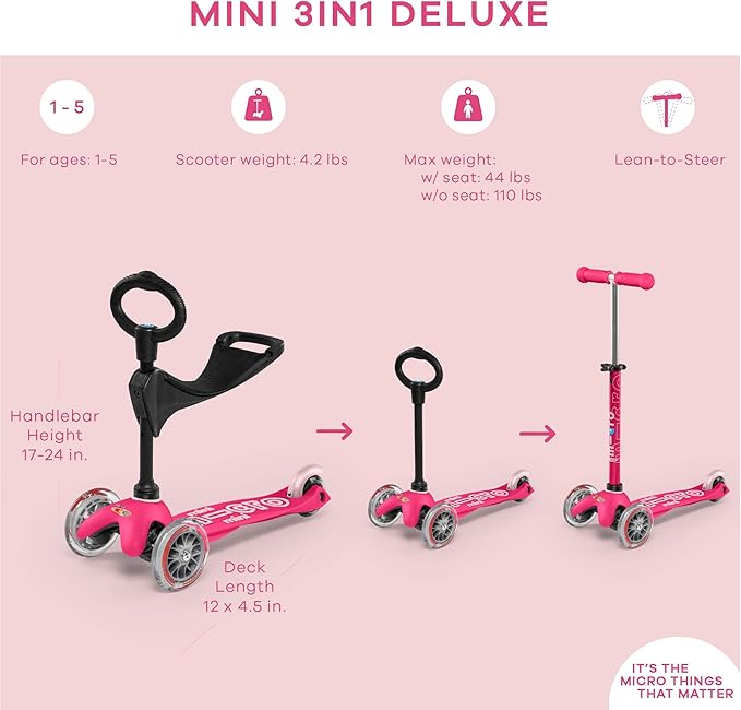 Micro Kickboard | Mini 3-in-1 Deluxe Toddler Scooter for Ages 1–5 | Ride-On with Removable Parent Push Bar | 3 Wheel Lean-to-Steer Design | Adjustable T Bar | Smooth Ride PU Wheels | Swiss Design