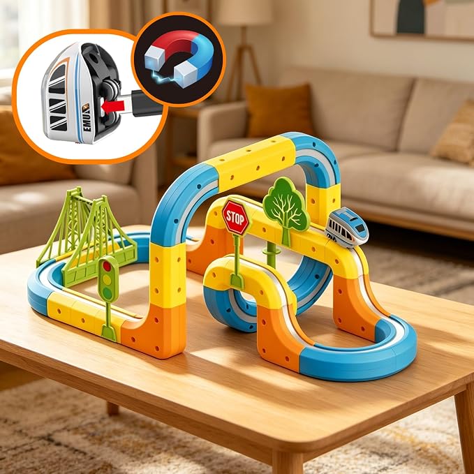 VEAIS Electric Train Set for Kids, 57Pcs 3D Flexible Race Track Sets, Gravity-Defying Motorized Car for Toddlers, Montessori STEM Train Tracks Toys,Birthday Gifts for Kids Boys Girls Age 3 4 5 6 7 8+