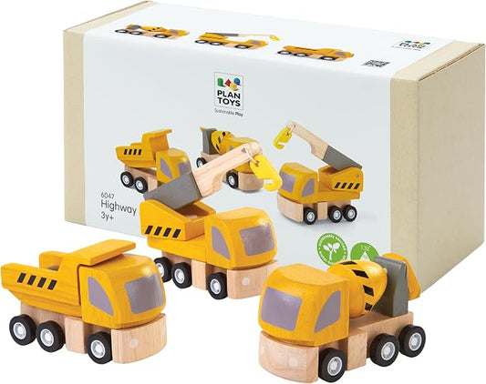 PlanToys® Highway Maintenance Wooden Montessori Vehicle and Imaginative Play Set | Creativity, Language and Social Skill Building Activity | Eco Friendly Construction Truck Set