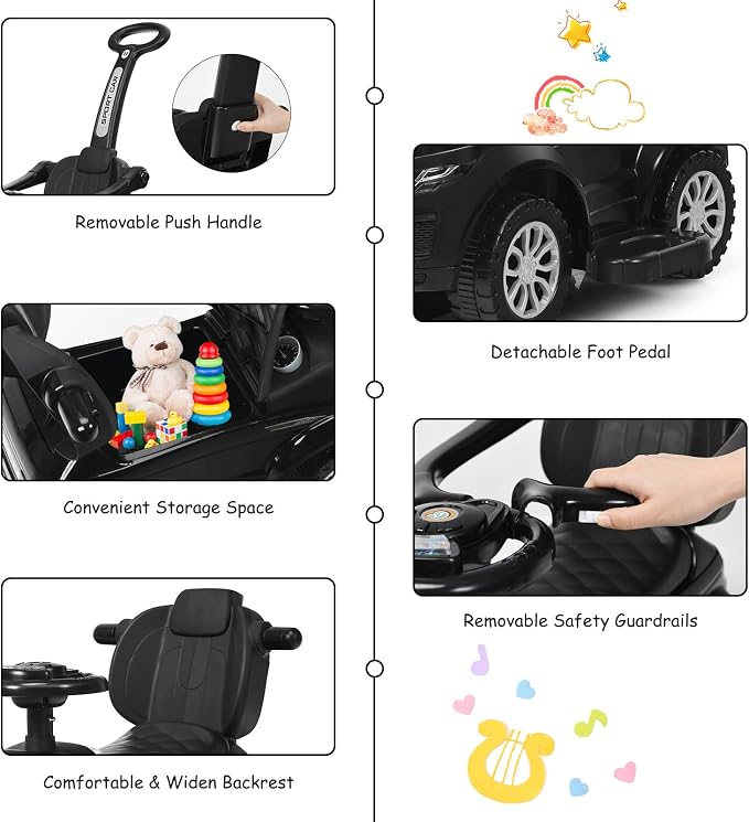 Costzon 3 in 1 Ride on Push Car, Stroller Sliding Walking Car with Horn, Music, Light, Under Seat Storage, Parental Handle, Armrest Guardrails, Ride on Toy for Boys & Girls (Black)