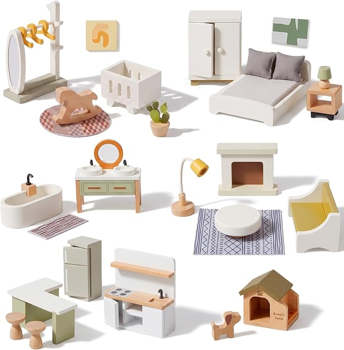 Giant bean 33 PCS Wooden Dollhouse Furniture Set, Modern Doll House Accessories with Bedroom, Kitchen, Bathroom, Nursery & Living Room, Montessori Pretend Play Toys for Kids Girls Boys Age 3+