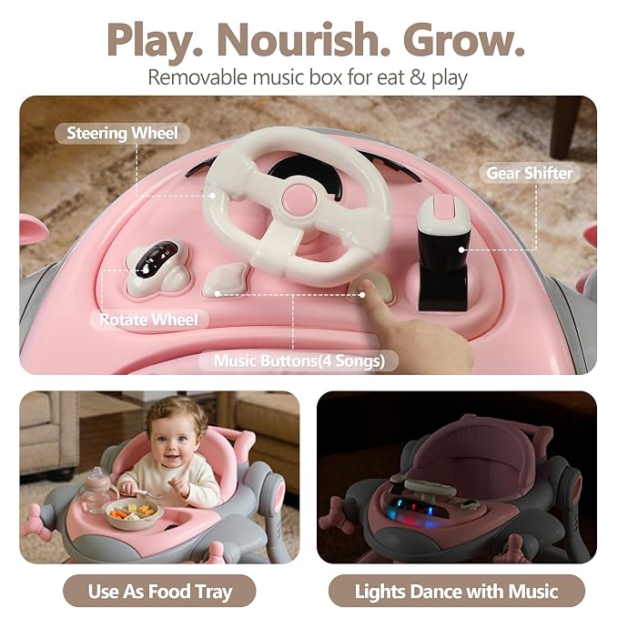 Kinder King 8-in-1 Baby Walker with Music & Lights, 3 Level Adjustable Height, Foldable Toddler Walker with Speed Adjustable Wheels, Easy to Clean, Baby Walkers for Boys & Girls 6-18 Months