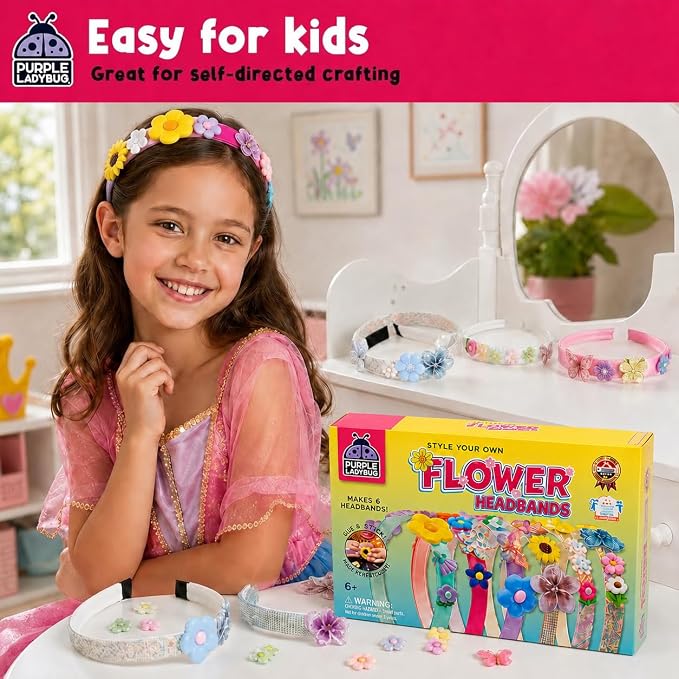 PURPLE LADYBUG Flower Headband Making Kit for Girls - Summer Toys for Kids Ages 4-8, Summer Crafts for Kids, 6 Year Old Girl Birthday Gift, Hair Accessories for Girls, Decorative Craft Activity Set