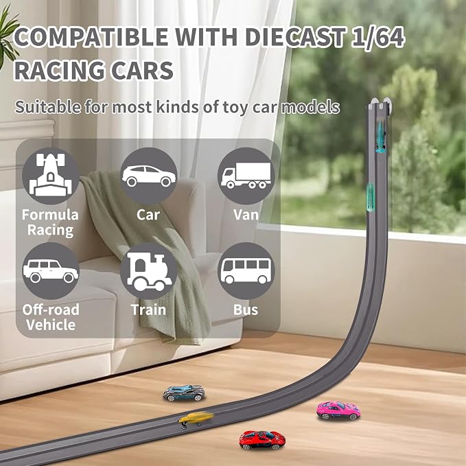 Flex Track Race Set for Kids, 15FT Starter Set Car Track with 4 Suction Cups and 6 Diecast 1/64th Cars - STEM Racing Toy for Boys & Girls Ages 3+ (Upgrade Orange) (Grey)