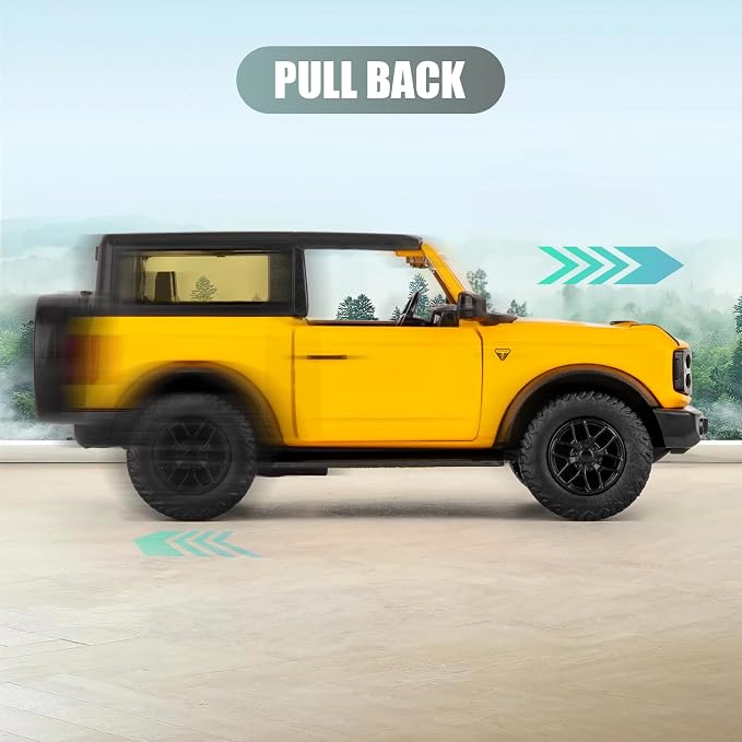 1:36 Scale Ford Bronco Badlands 2dr Toy Car, Diecast Pull Back Vehicles Model Car, Doors Open, Collection Kids Toy for Aged 3 and up, Gift Yellow