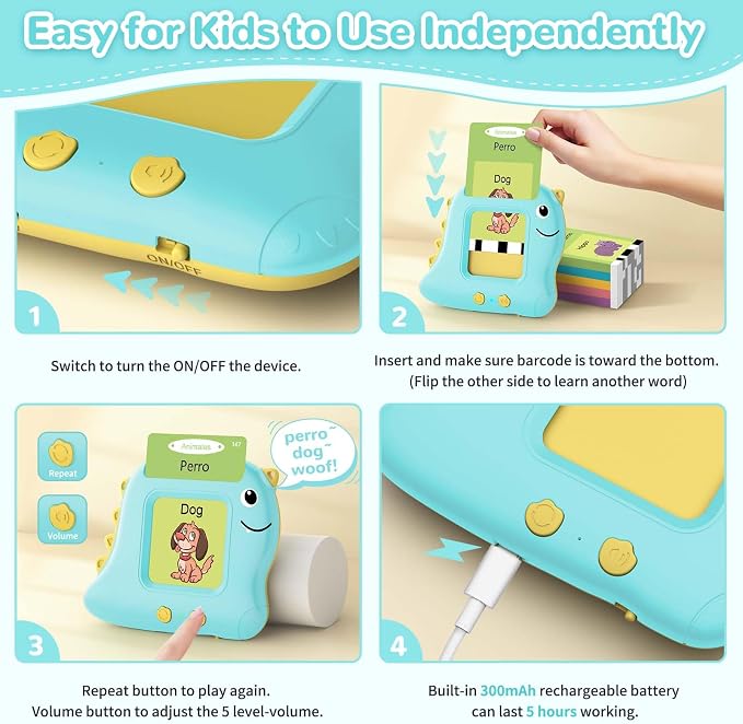 Alotwan Bilingual Talking Flash Cards Spanish/English, Learning Sensory Toys for Autistic Children, 224 Sight Words Español Speech Therapy Kids Toys Beginner, Birthday Gift for Little Boys and Girls