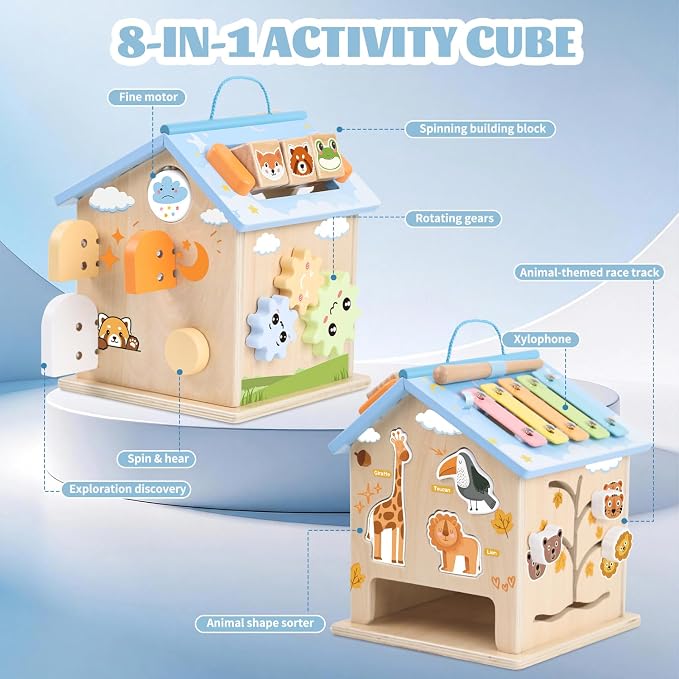 Wooden Activity Cube 8-in-1 Baby Activity Center Montessori Toys for 1 Year Old & Up Educational Learning Toys for Toddlers with Animal Friends