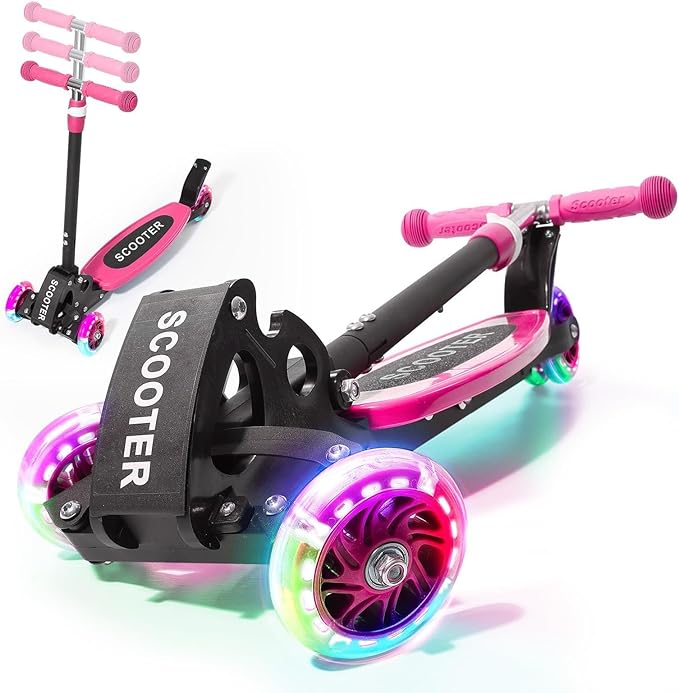 3 Wheel Scooter for Kids Ages 3-12, LED Light-Up Kids Kick Scooter–Portable Foldable, Adjustable Height, Durable Metal Construction, 6" Extra Wide Deck for Outdoor Activities,Child Safety Certified