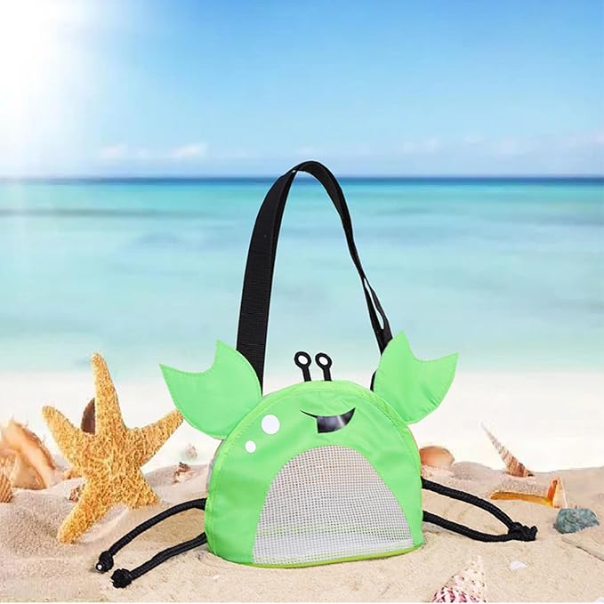 Kids Mesh Beach Bag, Cute Crab-Shaped Seashell Collecting Bag with Adjustable Strap for Holding Shell Beach Toy