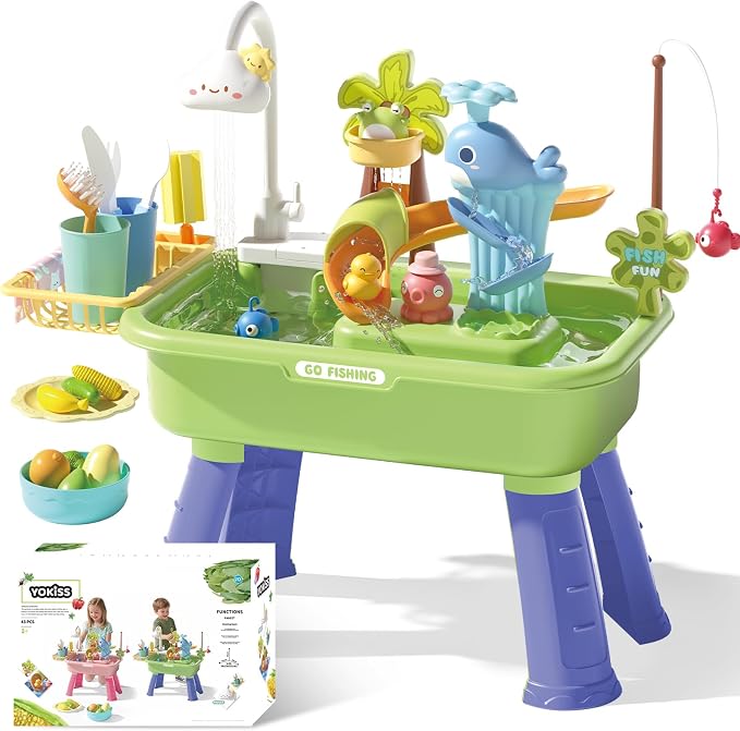 Sand and Water Table Toy for Toddlers, 22 Piece Toy Accessories, 4L Large Capacity Basin, Fishing Game/Kitchen Sink Toys, Perfect Summer Gift for Kids Ages 3-8 (Green)