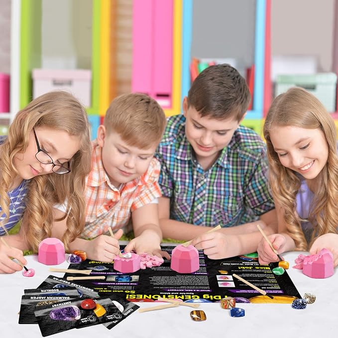 Gemstone Dig Kit, Dig Up 12 Real Gems for Kids,Gem Dig Kit with Tools & Learning Cards,Educational Geology Kit for Boys Girls Ages 6+