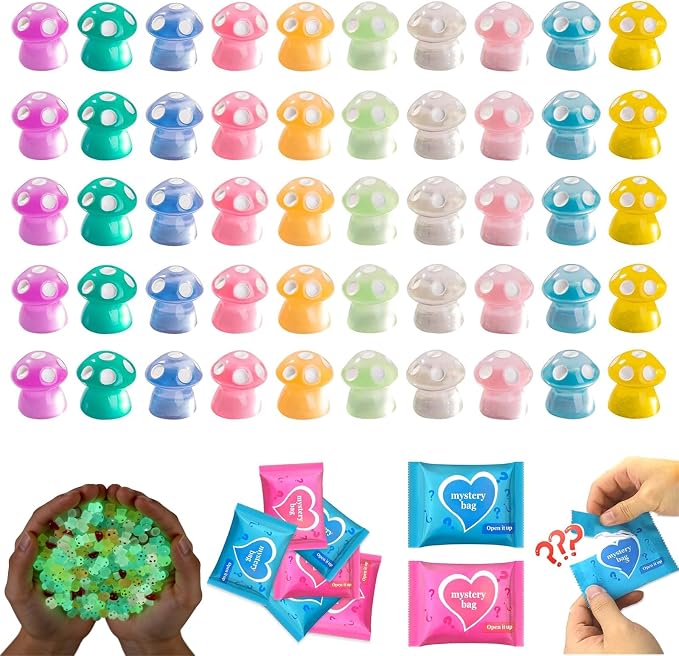 50PCS Glow in The Dark Mushroom Mini Figures Mystery Blind Bag, Luminous Resin Mini Mushroom Figurines Bulk, Cute Tiny Glow Toys, Fairy Garden Accessories, DIY Crafts, Party Favor Surprise Collectible