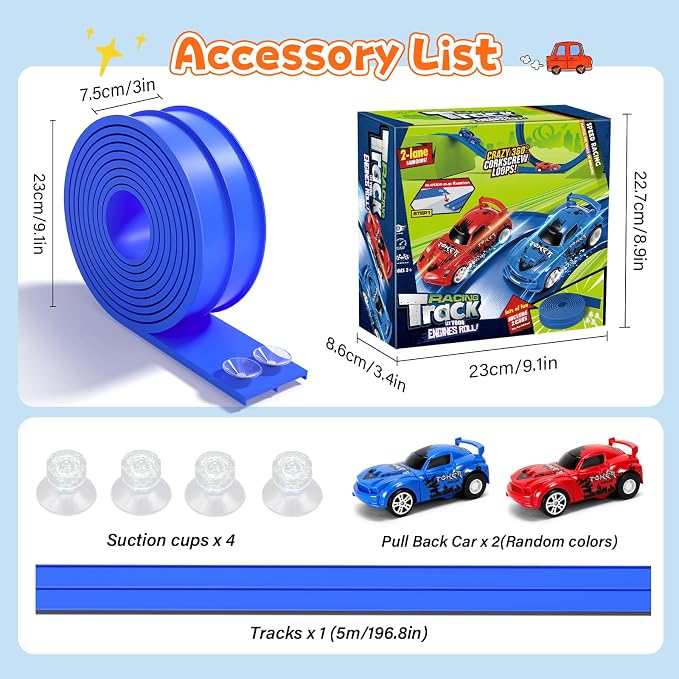KETIEE Flex Tracks 16 Ft for Kids, Flexible Race Car Ramp Track with 2 Small Racecars and 4 Suction Cups Compatible with Diecast 1/64th Cars,Rolls Up Portable Racetrack for Ages 3 & Up