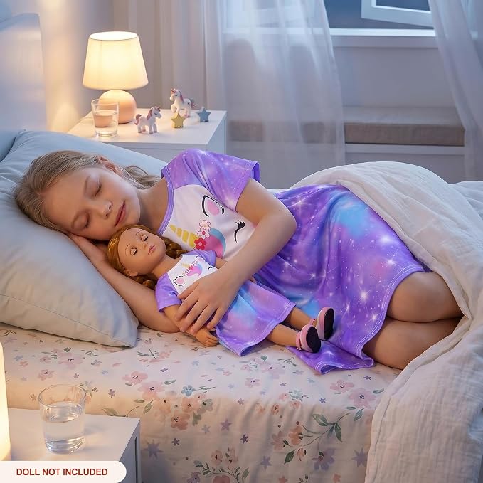 Play Tailor Doll and Girl Matching Nightgown Unicorn Outfit Pajamas Night Dress for Girls and 18" Dolls Clothes