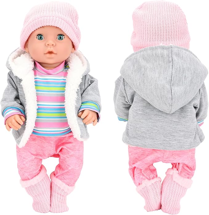 5 Pieces Baby Doll Clothes & Accessories with Outfit, Hat, Coat, Socks, Hanger for 14-16 inch Baby Dolls and 18 Inch Girl Doll(Doll NOT Include)