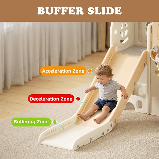 XJD 8 in 1 Toddler Slide Set, Kids Slide for Toddlers Age 1+, Climber Slide PlaySet with Basketball Hoop and Ball,Outdoor Indoor Playground for Toddlers 1-3 (Beige, Small)