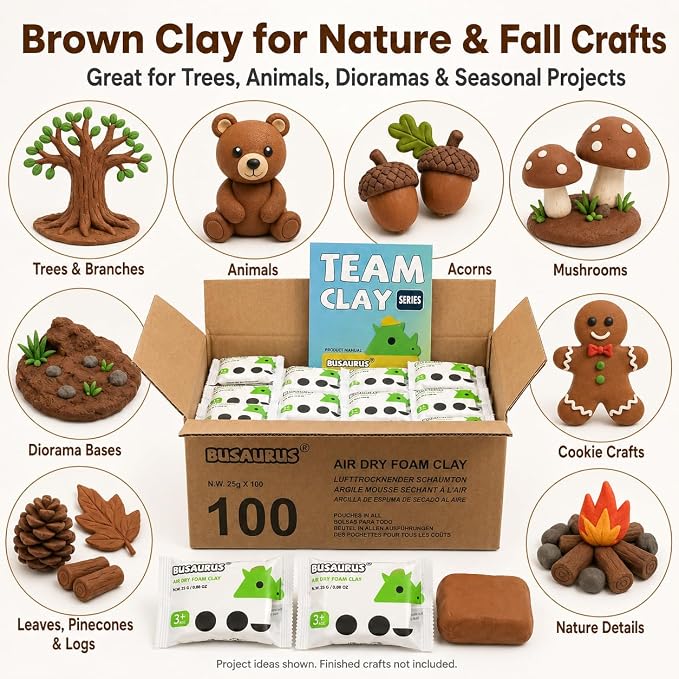 100-Pack Brown Air Dry Foam Clay, 25g Bulk Individually Wrapped Modeling Clay for Teachers, Classroom Nature Crafts, Fall Art Projects, School Art Supplies, Soft Foam Clay Alternative