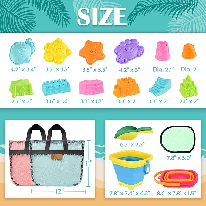 Collapsible Beach Sand Toys for Kids - Travel Beach Toys with 2 Collapsible Beach Buckets, Mesh Bags, Sand Castle Molds, Sand Bucket Shovel Set Sandbox Toy for Toddlers Kids