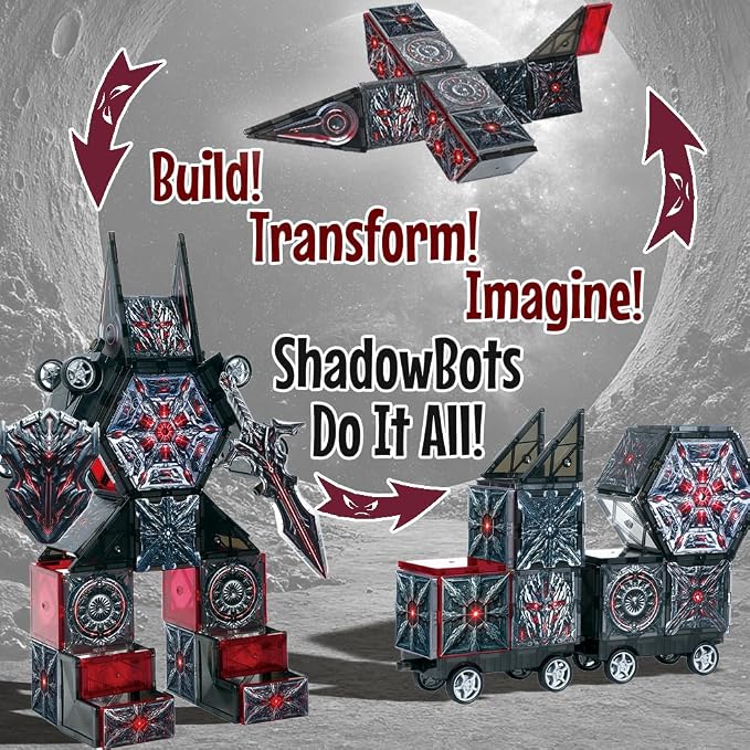 Little Pi ShadowBots Magnetic Tiles 58 PCS | Transform Robot Villain Building Set with Sword & Shield | STEM Toys for Kids Age 3 4 5 6 7 8
