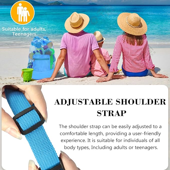 INVODA Mesh Beach Bag Drawstring Beach Backpack Foldable Toy Organizer Bag Shell Adjustable Straps Large Capacity Swim Bag