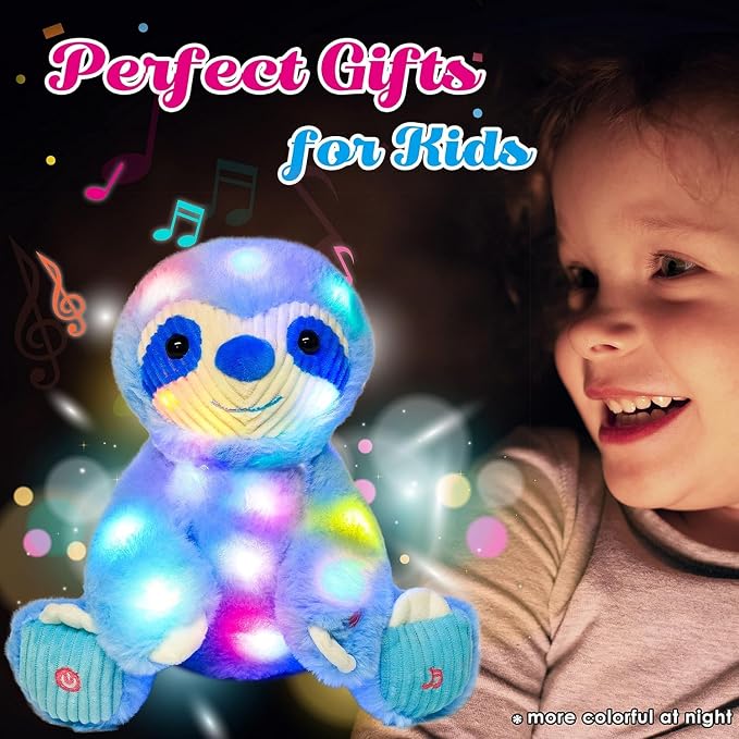 Light-up Singing Plush Blue Sloth LED Musical Stuffed Animal Adjustable Volume Lullaby Plushies Birthday Christmas Toy Gifts for Kids Toddler Girls, 13"